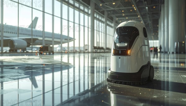 Autonomous cleaning roboter at modern airport terminal, showcasing advanced technology, daylight in the hall, the future of autonomous cleaning industry, AI generated