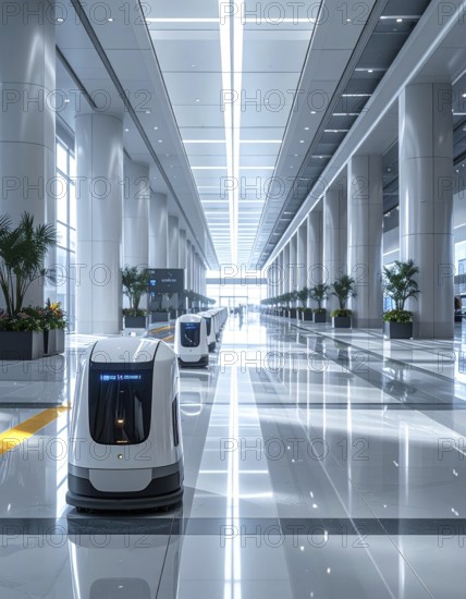 Autonomous cleaning roboter at modern airport terminal, showcasing advanced technology, daylight in the hall, the future of autonomous cleaning industry, AI generated