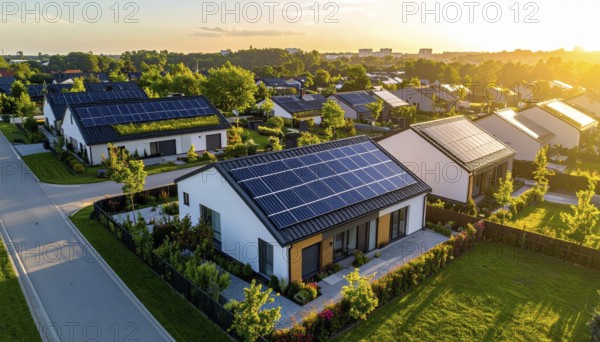 Aerial view showcases modern houses with solar panels and green roofs in a suburban setting, vibrant sunrise with blue sky, AI generated