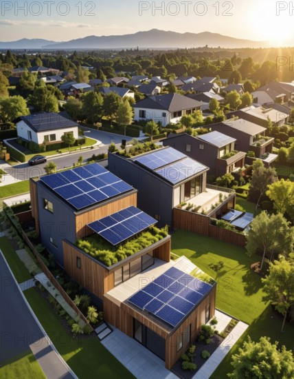 Aerial view showcases modern houses with solar panels and green roofs in a suburban setting, vibrant sunrise with blue sky, AI generated