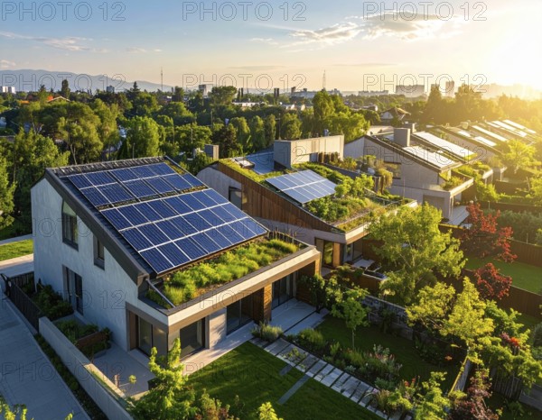 Aerial view showcases modern houses with solar panels and green roofs in a suburban setting, vibrant sunrise with blue sky, AI generated
