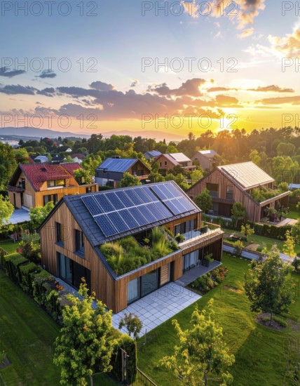 Aerial view showcases modern houses with solar panels and green roofs in a suburban setting, vibrant sunrise with blue sky, AI generated