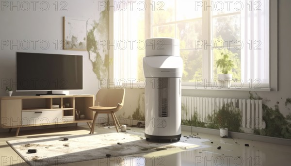 A specialized dehumidifier operates in a mold-infested room following water damage, Shell construction at construction site, AI generated