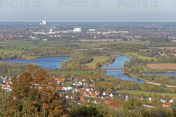 View of Weser and Porta Westfalica from the Kaiser Wilhelm Memorial, North Rhine-Westphalia, Germany