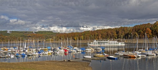 Marina, excursion ship, Sondern, Olpe, Biggesee, Sauerland, North Rhine-Westphalia, Germany
