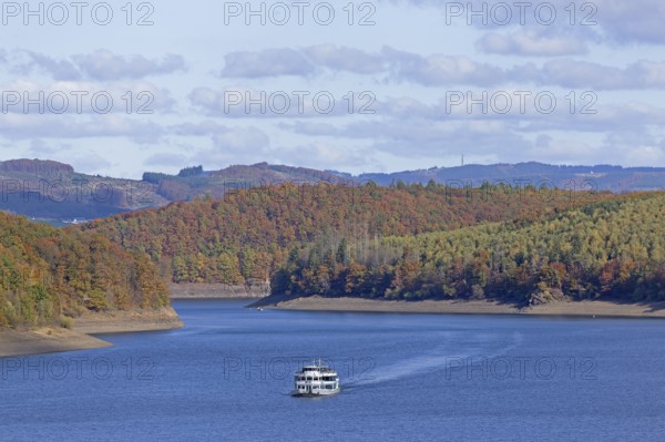 Excursion boat, Biggesee near Sondern, Olpe, Sauerland, North Rhine-Westphalia, Germany