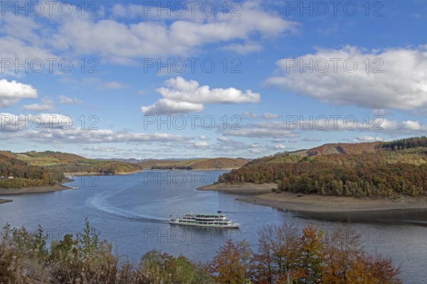 Excursion boat, Biggesee near Sondern, Olpe, Sauerland, North Rhine-Westphalia, Germany