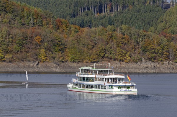 Excursion boat, Biggesee near Sondern, Olpe, Sauerland, North Rhine-Westphalia, Germany