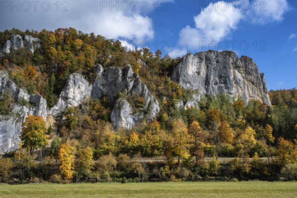 Distinctive Jurassic limestone cliffs in the upper Danube Valley, surrounded by autumn vegetation, on the right the raven rocks, Sigmaringen district, Baden-Württemberg, Germany