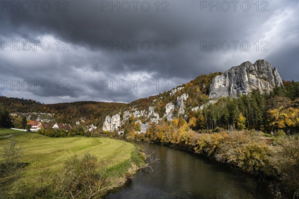 View of the Danube, surrounded by autumn vegetation, on the left the Käppeler estate with the St. George's Basilica, on the right the Raven Rock, Sigmaringen district, Baden-Württemberg, Germany