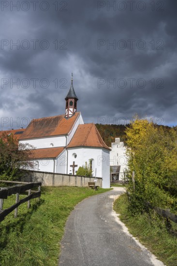 Käppeler estate with St. George's Basilica near Thiergarten in the upper Danube Valley, surrounded by autumn vegetation, Sigmaringen district, Baden-Württemberg, Germany