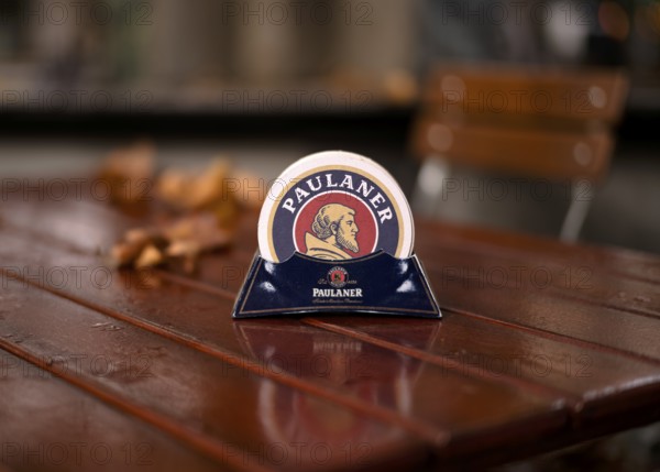 Outdoor astronomy, beer mat, table, Paulaner restaurant am alten Postplatz, lettering, logo, autumnal, autumn leaves, leaves, empty, Stuttgart, Baden-Württemberg, Germany