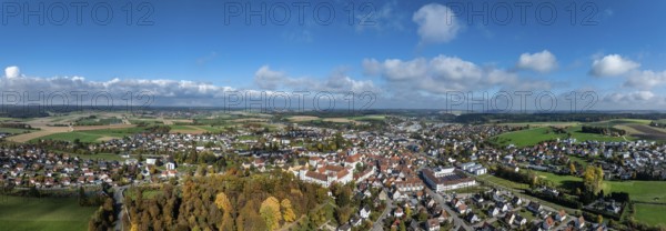 Aerial view, panorama of the city of Messkirch with Messkirch Castle and Castle of the Counts of Zimmern, Sigmaringen district, Baden-Württemberg, Germany
