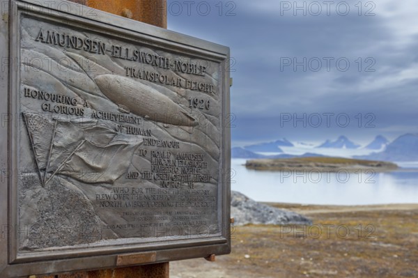 Commemoration plaque for Amundsen-Ellsworth 1926 Transpolar Flight at Ny-Alesund, Oscar II Land, Kongsfjorden, Svalbard, Spitsbergen, Norway