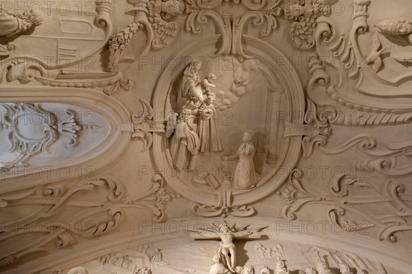 17th century stucco by Jan Hansche on library ceiling of the Park Abbey, Premonstratensian abbey at Heverlee near Leuven in Flemish Brabant, Belgium