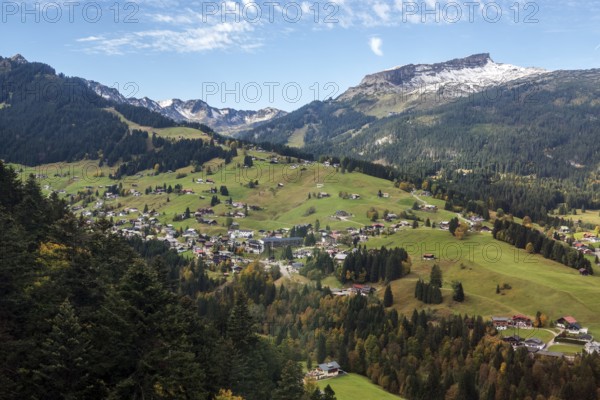 View of Hirschegg and the Kleinwalsertal valley, in the back of Hoher Ifen, Allgäu Alps, Vorarlberg, Austria