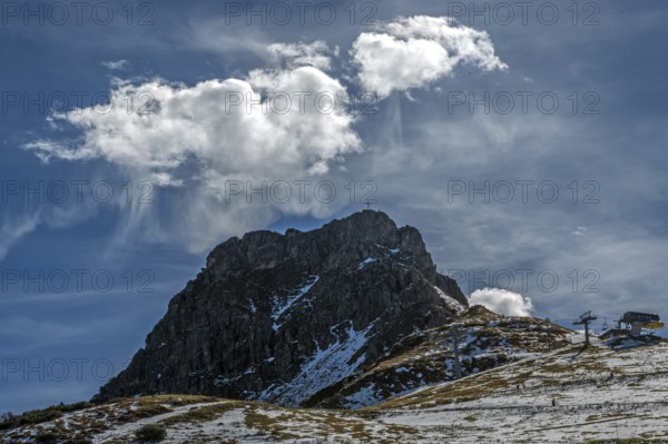 Right pulpit wall, back left mountains of the Allgäu Alps, cloud formation, Vorarlberg, Austria