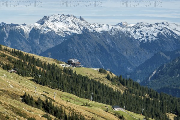 View of Nebelhorn, in the middle of Schlappoldsee station of the Fellhorn Railway, Oberstdorf, Oberallgäu, Allgäu, Bavaria, Germany