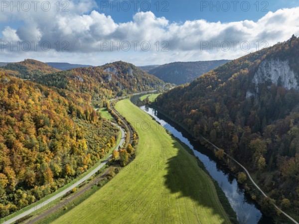 Aerial view of Upper Danube Valley surrounded by autumn vegetation, Sigmaringen district, Baden-Württemberg, Germany