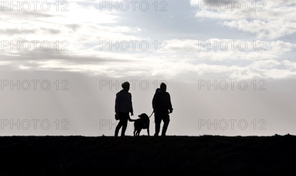 Couple with dog walking across a dike on the Baltic Sea, Fehmarn, 16.10.2025, Fehmarn, Schleswig-Holstein, Germany