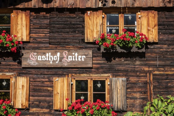 Wooden façade of Gasthof Laiter, Stillachtal, Oberstdorf, Oberallgäu, Allgäu, Bavaria, Germany