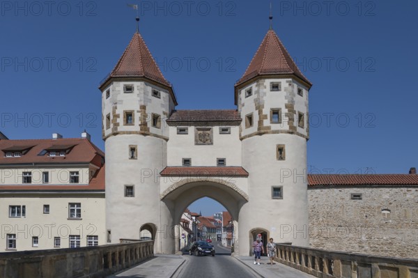 Historic city wall with the Nabburg Gate, rebuilt in Renaissance style, Amberg, Upper Palatinate, Bavaria, Germany