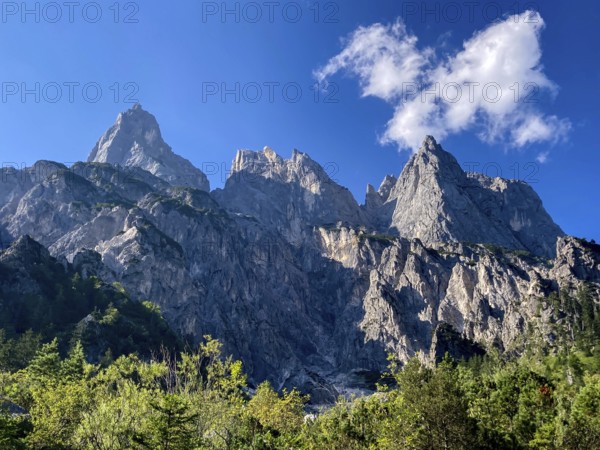 View from Klausbach Valley to the wild peaks of Mühlsturzhörner and Grundübelhörner in the Reither Alm mountain range, Berchtesgaden National Park, Bavaria, Germany