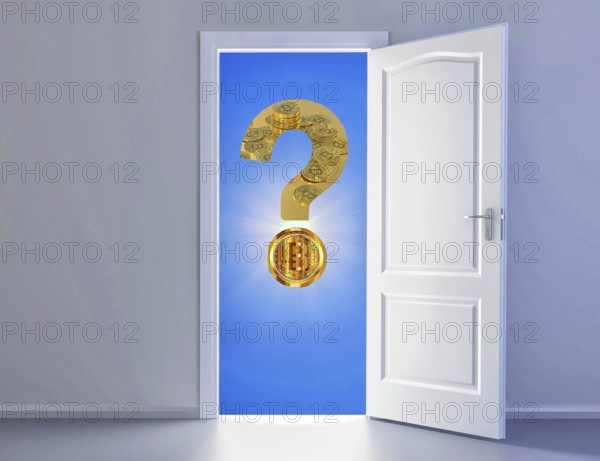 Symbolic image, Bitcoin with question mark, stock prices, uncertain digital currency, resources, energy, industry, critical economy, stock market hype, stock market crash, payment, insolvency, wrong decisions, maximum profit, profit slump, share prices, location Germany, global economy, globalization, environmental protection, extreme power demand, mafia, Trump government, Bitcoin rally, cryptocurrency, electronic wallet wallet, crypto reserve, price development, exchange trading
