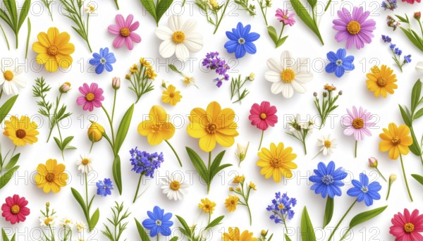 Vibrant wildflowers and grass create a colorful and joyful floral pattern, Variety of wild flowers, spring plant and grass seamless pattern, vibrant realistic vector illustration wallpaper, a spring natural colorful background as template or poster, AI generated