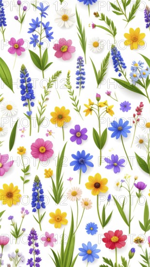 Vibrant wildflowers and grass create a colorful and joyful floral pattern, Variety of wild flowers, spring plant and grass seamless pattern, vibrant realistic vector illustration wallpaper, a spring natural colorful background as template or poster, AI generated