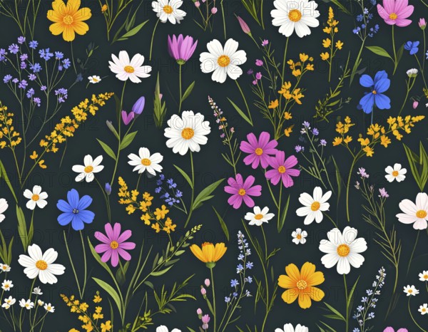 Vibrant wildflowers and grass create a colorful and joyful floral pattern, Variety of wild flowers, spring plant and grass seamless pattern, vibrant realistic vector illustration wallpaper, a spring natural colorful background as template or poster, AI generated