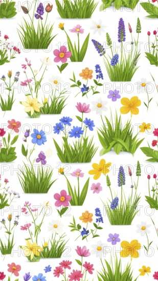 Vibrant wildflowers and grass create a colorful and joyful floral pattern, Variety of wild flowers, spring plant and grass seamless pattern, vibrant realistic vector illustration wallpaper, a spring natural colorful background as template or poster, AI generated