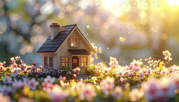 A miniature house surrounded by blooming cherry blossoms and warm sunlight, creating a peaceful and idyllic spring atmosphere, toy house on blossom cherry flowers, spring natural background. concept of mortgage, construction, rental, family and property, AI generated