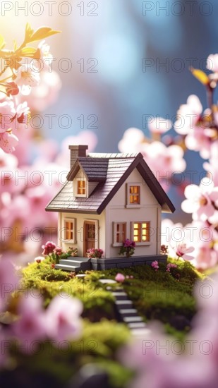 A miniature house surrounded by blooming cherry blossoms and warm sunlight, creating a peaceful and idyllic spring atmosphere, toy house on blossom cherry flowers, spring natural background. concept of mortgage, construction, rental, family and property, AI generated