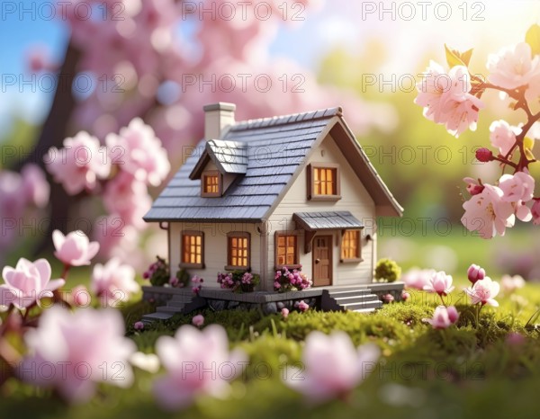 A miniature house surrounded by blooming cherry blossoms and warm sunlight, creating a peaceful and idyllic spring atmosphere, toy house on blossom cherry flowers, spring natural background. concept of mortgage, construction, rental, family and property, AI generated