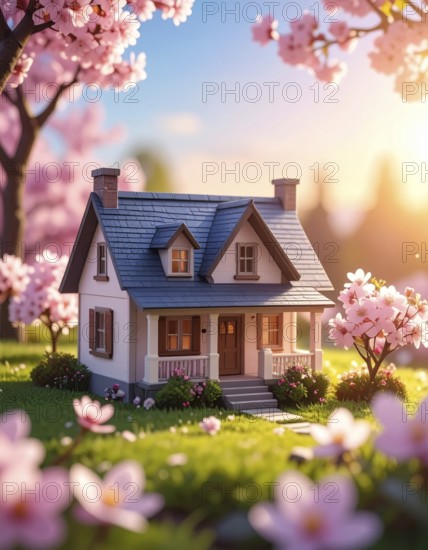 A miniature house surrounded by blooming cherry blossoms and warm sunlight, creating a peaceful and idyllic spring atmosphere, toy house on blossom cherry flowers, spring natural background. concept of mortgage, construction, rental, family and property, AI generated