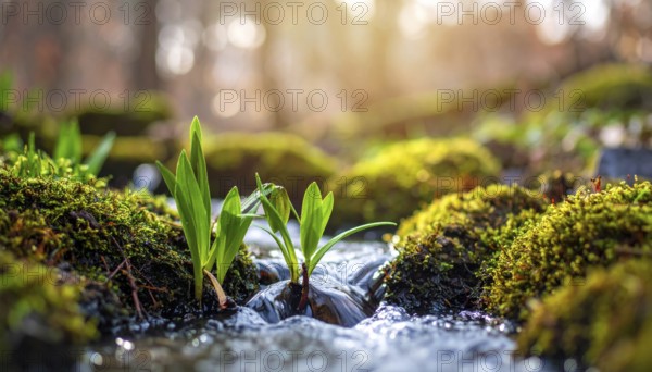 Beautiful spring detailed stream of fresh water, vibrant blooming young green plants, wallpaper banner for springtime and summer nature concept, AI generated