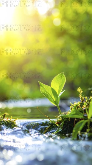 Beautiful spring detailed stream of fresh water, vibrant blooming young green plants, wallpaper banner for springtime and summer nature concept, AI generated