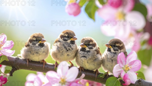 Small funny Sparrow Chicks sit in the garden surrounded by pink Apple blossoms on a Sunny may day, AI generated
