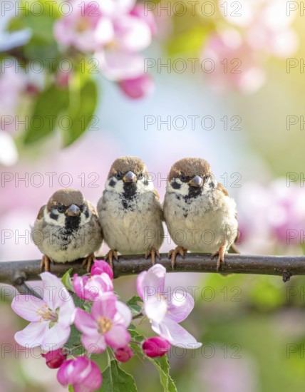 Small funny Sparrow Chicks sit in the garden surrounded by pink Apple blossoms on a Sunny may day, AI generated