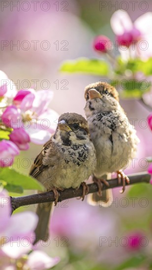 Small funny Sparrow Chicks sit in the garden surrounded by pink Apple blossoms on a Sunny may day, AI generated