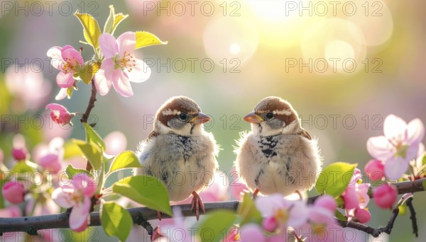Small funny Sparrow Chicks sit in the garden surrounded by pink Apple blossoms on a Sunny may day, AI generated