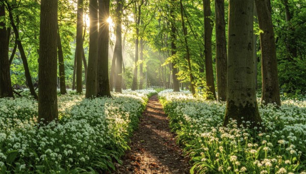 A tranquil forest path lined with white flowers, surrounded by tall trees and bathed in soft sunlight, Pathway through the forest with blooming wild garlic (Allium ursinum) sunny summer day, AI generated