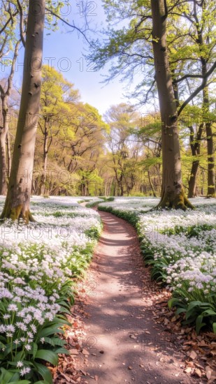 A tranquil forest path lined with white flowers, surrounded by tall trees and bathed in soft sunlight, Pathway through the forest with blooming wild garlic (Allium ursinum) sunny summer day, AI generated