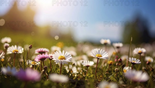 A sunny meadow with daisies in full bloom under bright sunlight, creating a vibrant and cheerful atmosphere, Blooming meadow with lots of white and pink spring daisy flowers and yellow dandelions, sunny day with blue clear sky, beautiful landscape in blurred background, fresh spring and summer nature concept, AI generated