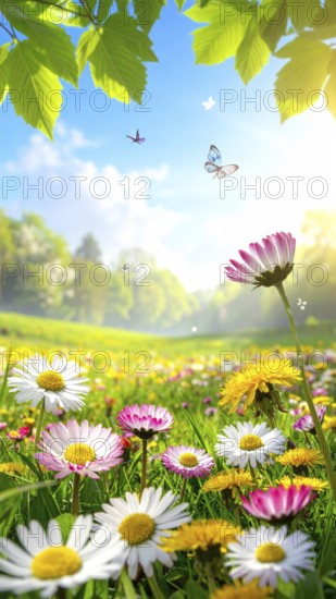A sunny meadow with daisies in full bloom under bright sunlight, creating a vibrant and cheerful atmosphere, Blooming meadow with lots of white and pink spring daisy flowers and yellow dandelions, sunny day with blue clear sky, beautiful landscape in blurred background, fresh spring and summer nature concept, AI generated