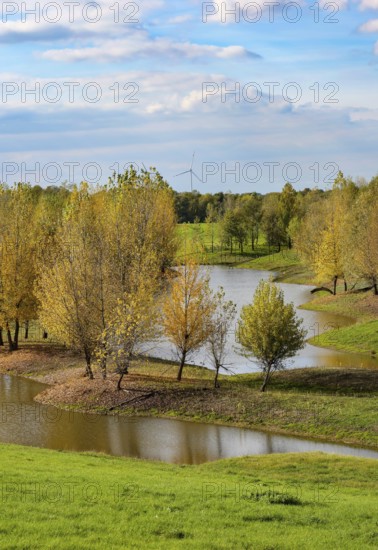 Wesel, Lower Rhine, North Rhine-Westphalia, Germany - autumn on the Lippe, trees with colorful autumn leaves in the restored river floodplain area of Büdericher Insel above the mouth of the Lippe into the Rhine, Lippe estuary nature reserve