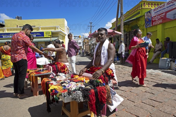 Puja at Chamundeswar Hindu Temple on Chamundi Hill, Indian pilgrims at the temple, Mysore or Mysore, Karnataka, India