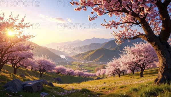 Landscape with a blooming apricot tree, idilyc spring nature, green grass and mountains in background, blue cloudy sky in sunset web banner spring time concept, AI generated