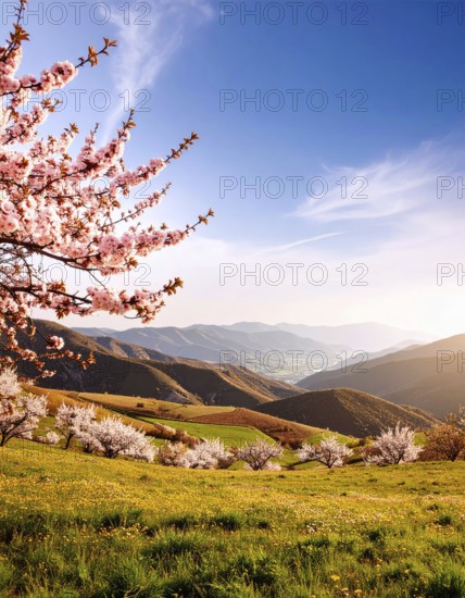 Landscape with a blooming apricot tree, idilyc spring nature, green grass and mountains in background, blue cloudy sky in sunset web banner spring time concept, AI generated
